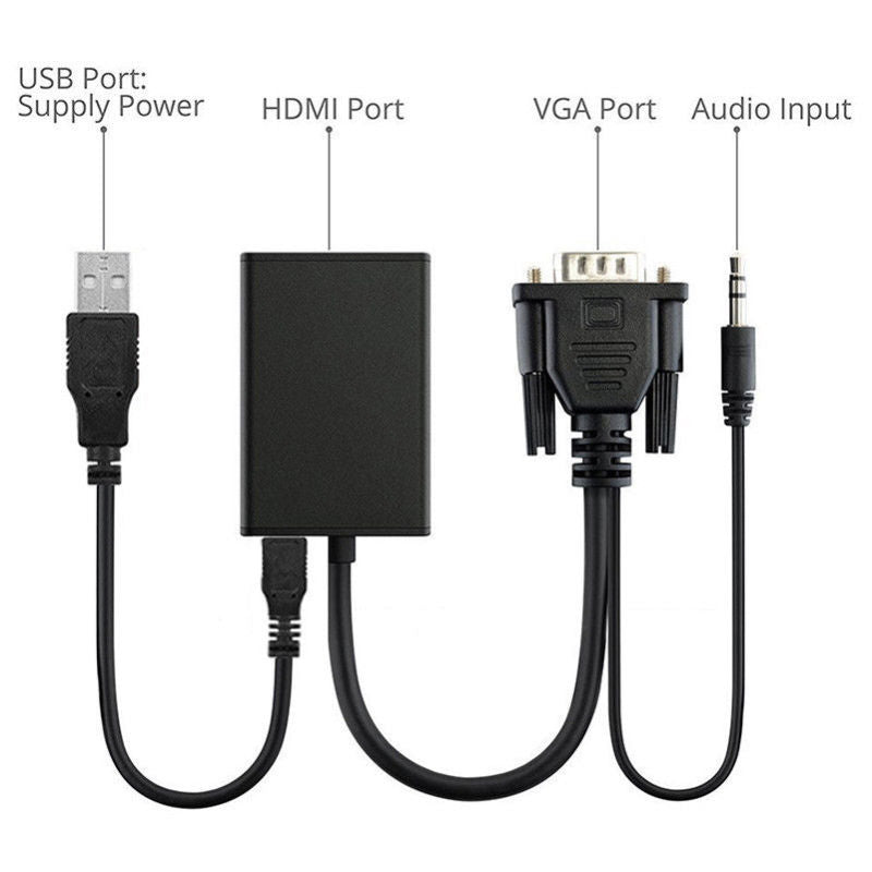 VGA Male To HDMI Output 1080P HD + HDTV Video USB Cable Cord Converter QGW