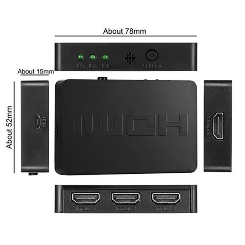 3x1 HDMI Splitter Switcher 3 Port Hub Box Auto Switch 3 In 1 Out 1080P HD  IJS