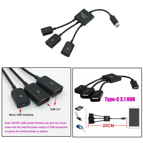 Type-C 3.1 HUB Adapter 3-in-1 USB-C Male to USB 2.0 Female OTG Cable HRJ