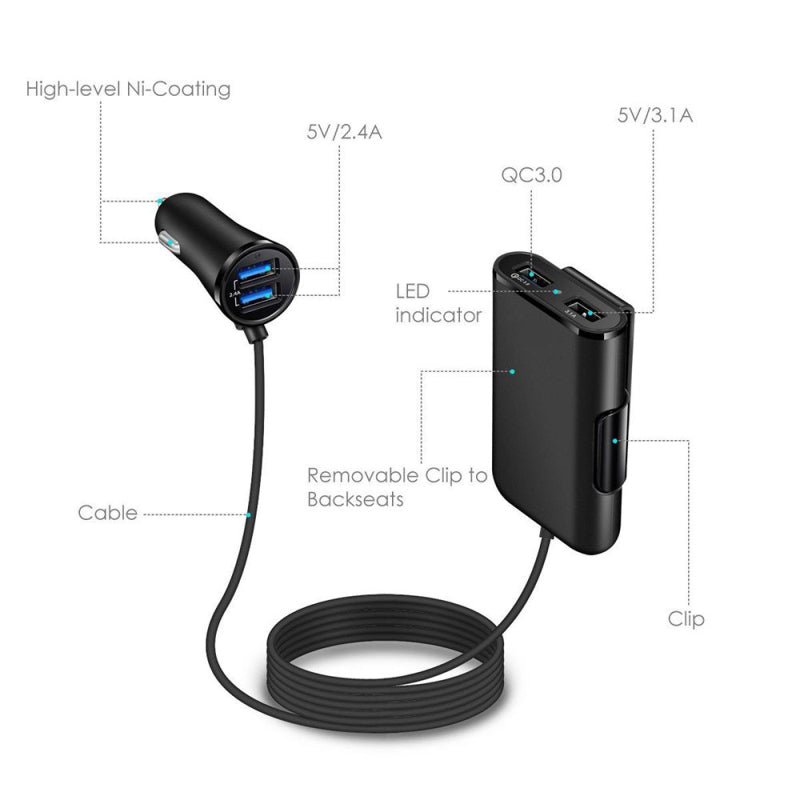 QC3.0 4 Port USB Passenger Car Charger Cable Road Rockstar Back Seat 7A NCO