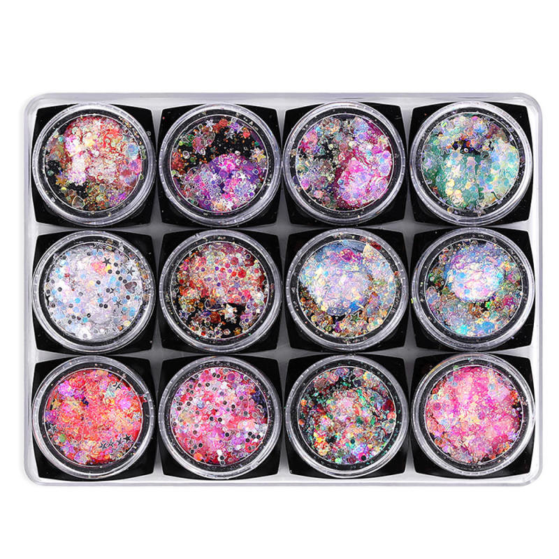 12 Bottle Mix Nail Art Charm Glitter Sequins Powder Dust for Nail DIY Decor UMY
