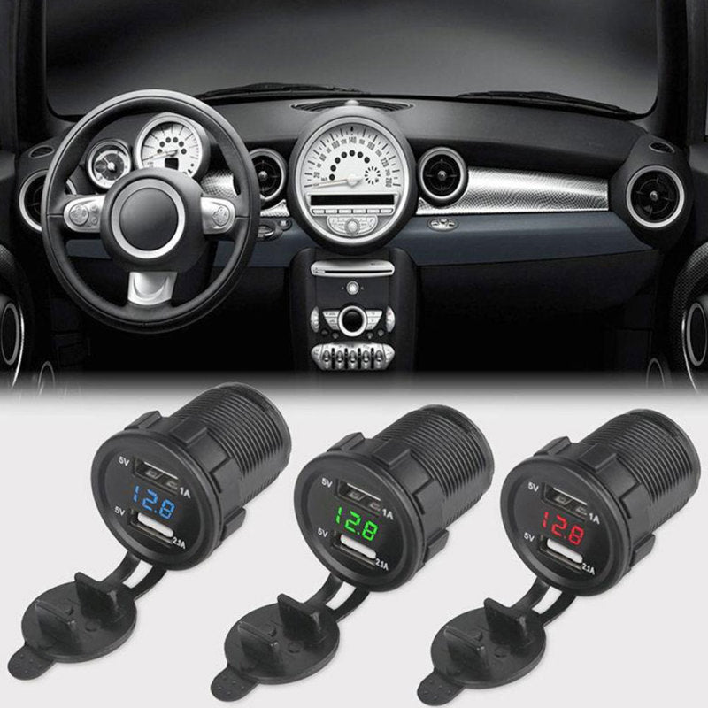 4.2A Dual USB Charger Socket with Voltmeter & Wire Waterproof for Car Motorcycle
