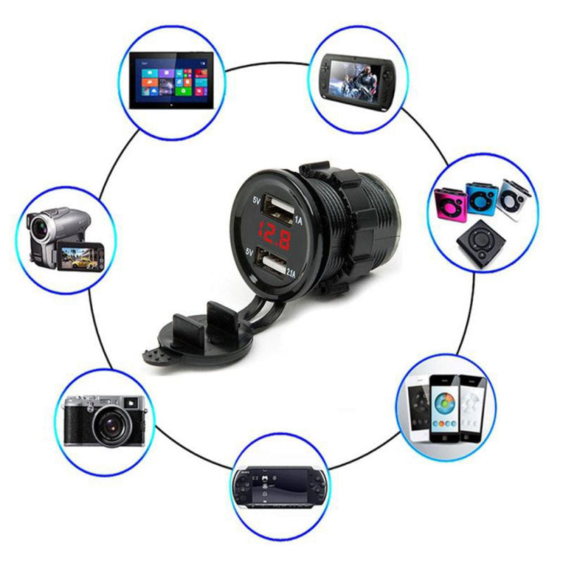 4.2A Dual USB Charger Socket with Voltmeter & Wire Waterproof for Car Motorcycle
