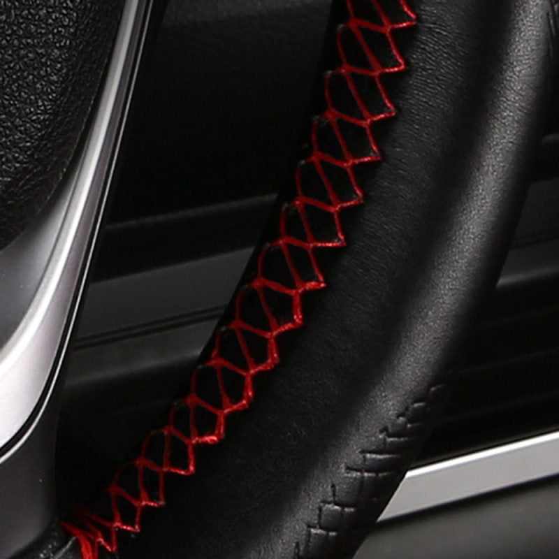 Car Steering Wheel Cover Leather DIY Black & Red Thread 38cm Universal YKQ SLO