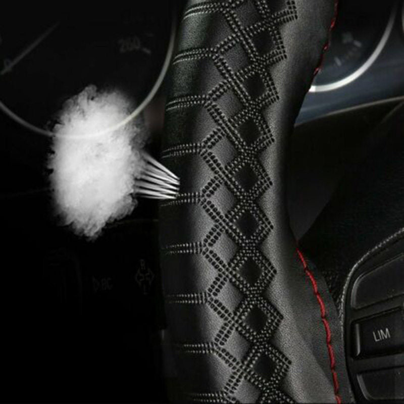 Car Steering Wheel Cover Leather DIY Black & Red Thread 38cm Universal YKQ SLO