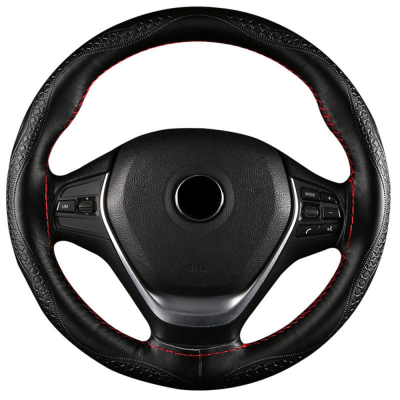 Car Steering Wheel Cover Leather DIY Black & Red Thread 38cm Universal YKQ SLO