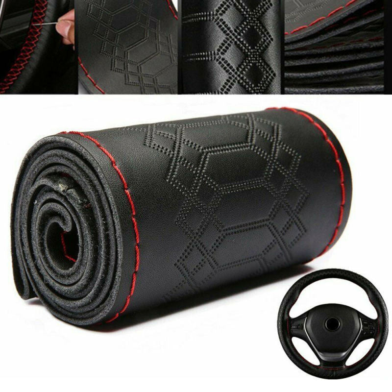 Car Steering Wheel Cover Leather DIY Black & Red Thread 38cm Universal YKQ SLO
