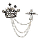 Clear Crystal Rhinestone Brooch Lapel Pin Crown Coat Suit Tassel Chain Fashion