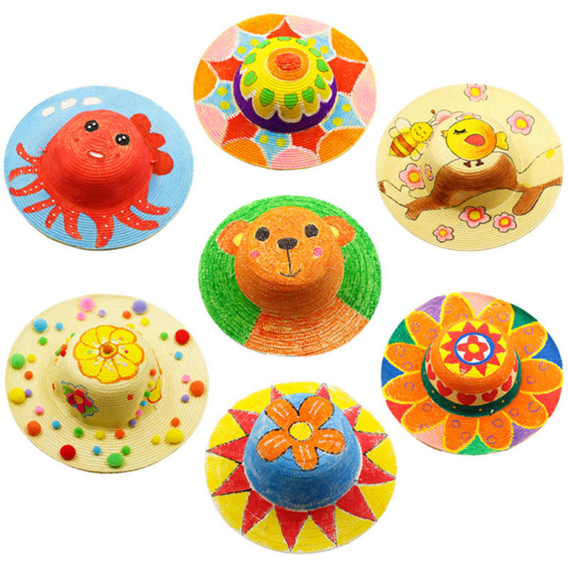 5pcs Painting Hat Straw Hats DIY Cap Beach Sun Hat Art Kindergarden Ki PSM