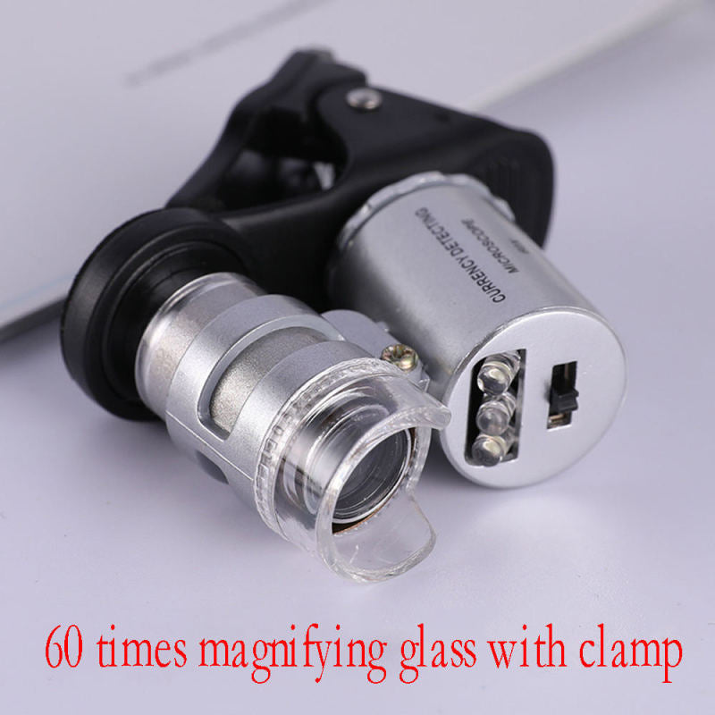 1* New 60X Mini Clip LED Microscope Magnifier Loupe UV Currency Detector