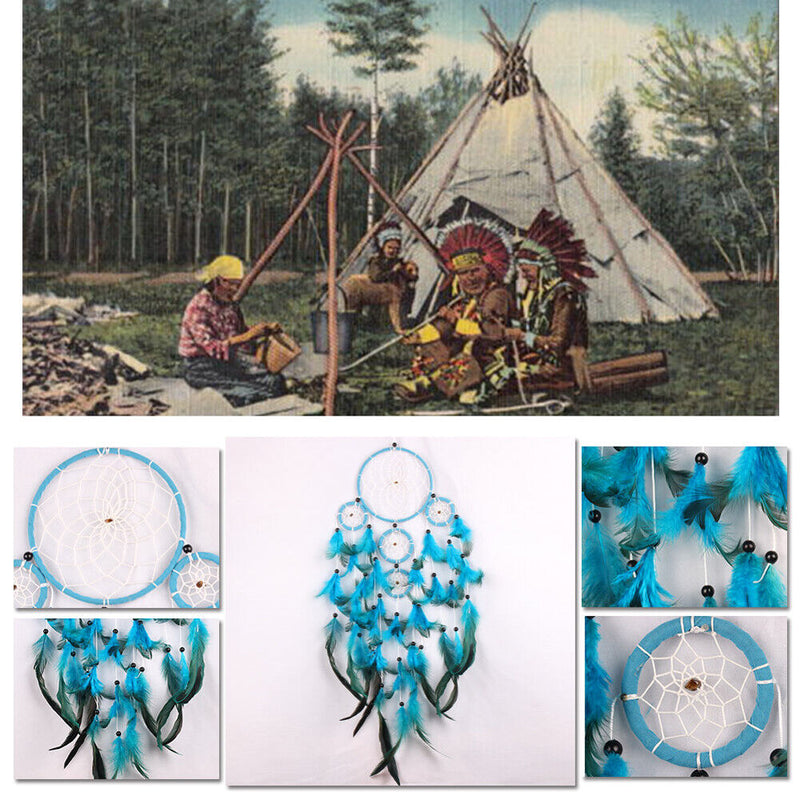 Blue Dream Catcher Net with Feathers Wall Hanging Decoration Ornament Home Car De