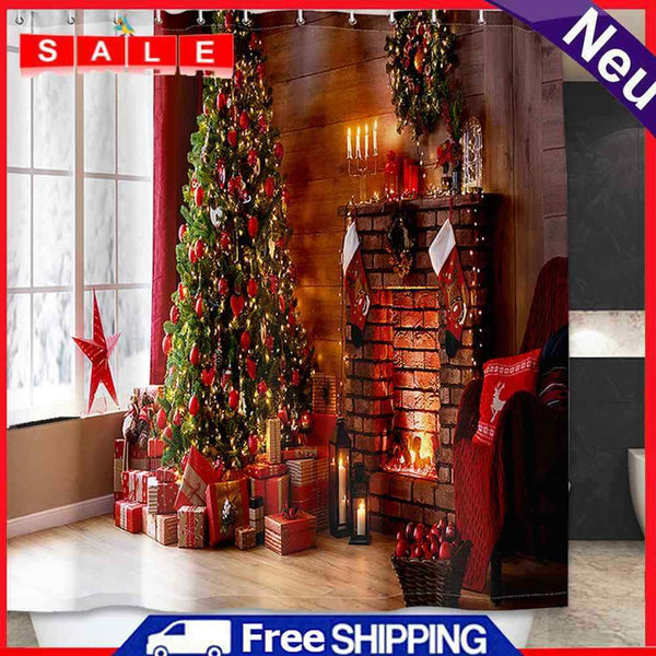 Christmas Tree Gift Printed Shower Curtain Waterproof Hook Hanging Bath Cover