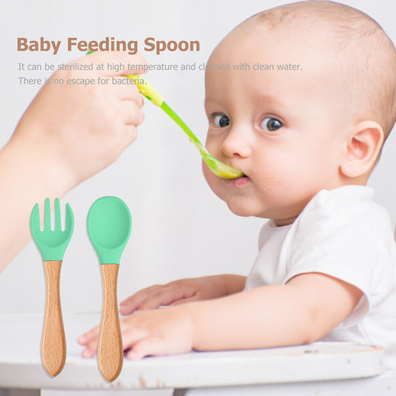 Baby Wooden Silicone Feeding Spoon Toddlers BPA-free Tableware (13) Newly