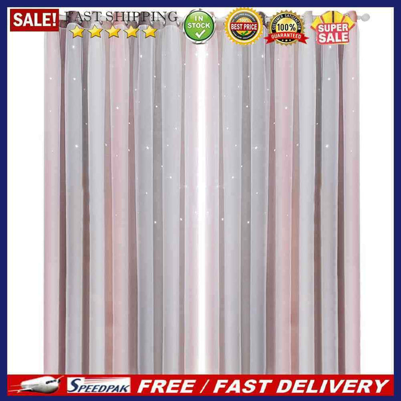 Gradient Hollow Star Curtain Bedroom Full Blackout Window Drapes (Grey)