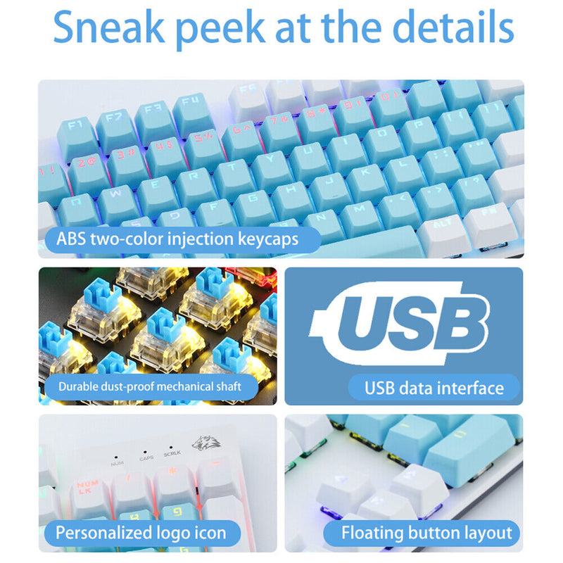Mechanical 104 Keys Gaming Keyboards USB Wired (Red Axis Blue+White)
