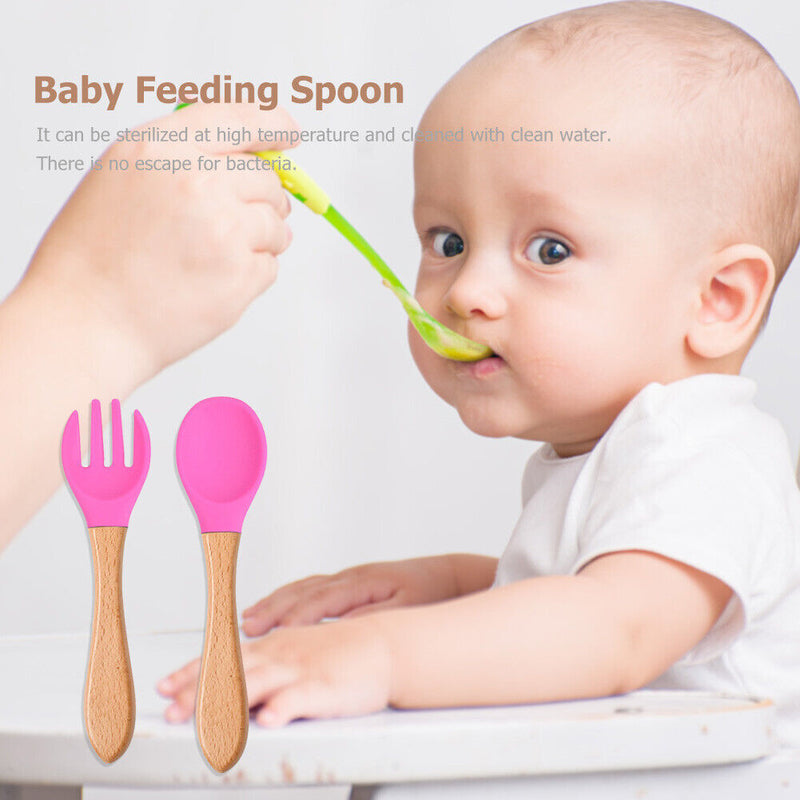 Baby Wooden Silicone Feeding Spoon Toddlers BPA-free Tableware (8) Newly