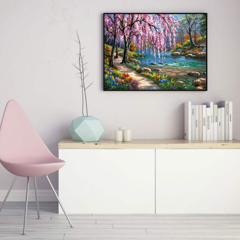 Frameless Oil Paint By Numbers River Flower Trees DIY Canvas Picture Kit