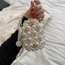 Hand-Beaded Pearls Shoulder Bag Women Mini Bucket Drawstring Messenger Handbag