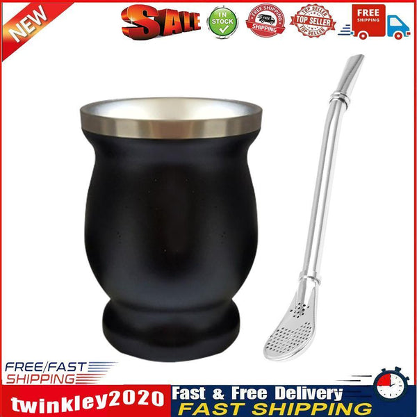 Double Wall Gourd Tea Cup 8oz Stainless Steel Yerba Mate Tea Cup (Black) Newly