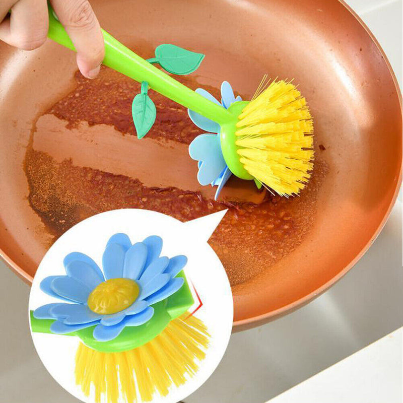 Flower Shape Pot Washing Brush with Long Handle Kitchen Cleaning Accessories