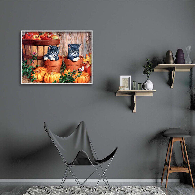 5D DIY Diamond Painting Full Round Cats and Pumpkin Mosaic Rhinestone Picture