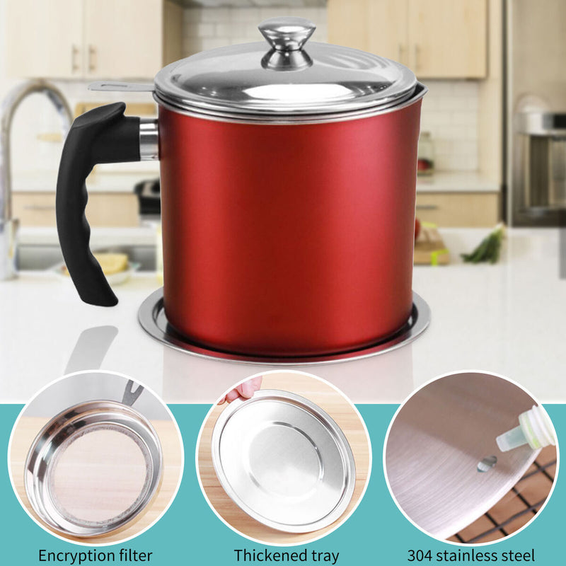 Stainless Steel Grease Strainer Container Oil Pot with Lid Can (Red)