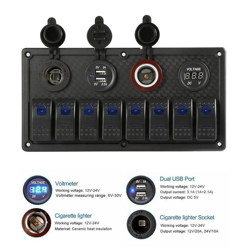 Car Marine Boat 8-Speed Waterproof LED Rocker Switch Panel Circuit Switch