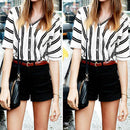 Stripe Loose Bat Short Sleeve T-shirt V-Neck Button Women Blouse (Black XL)