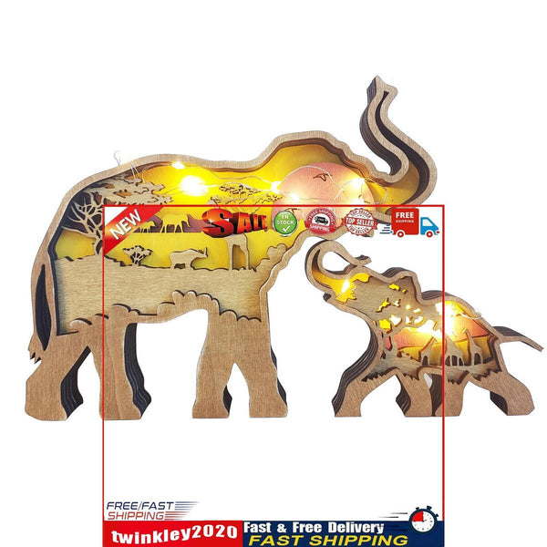 Wooden Ornament 2pcs Carved Hollow Multi-Layer Elephant Decor (A w/ Light) Newly