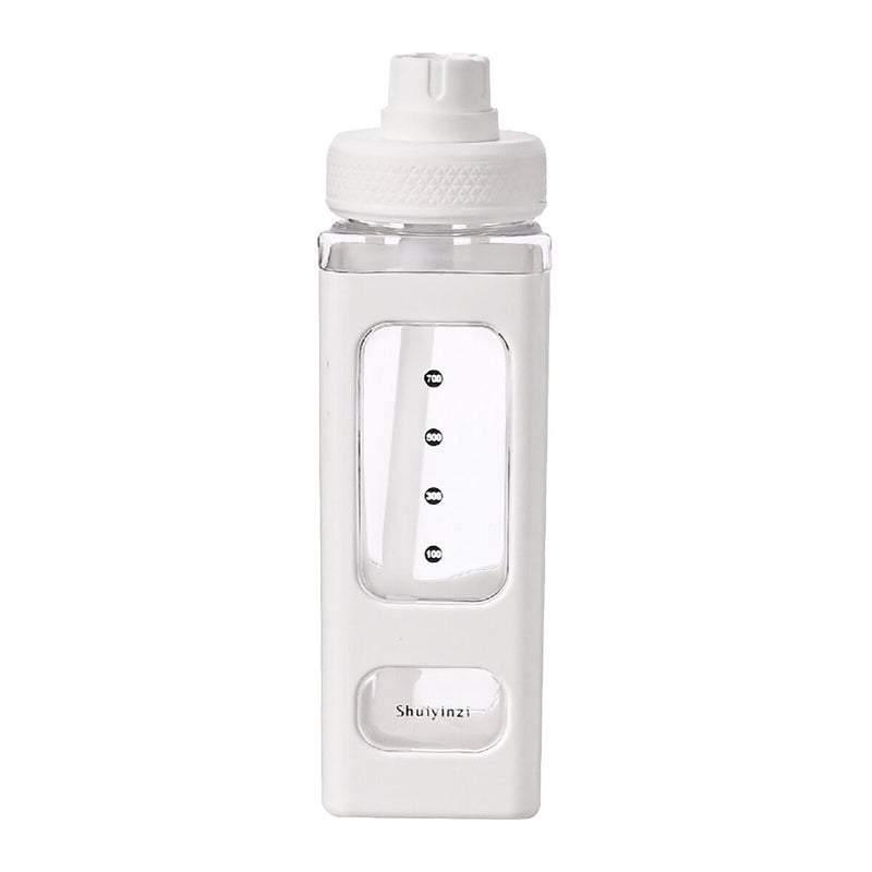 Water Bottle with Straw 700ml Drinking Bottle Square Cute Water Jug (White)