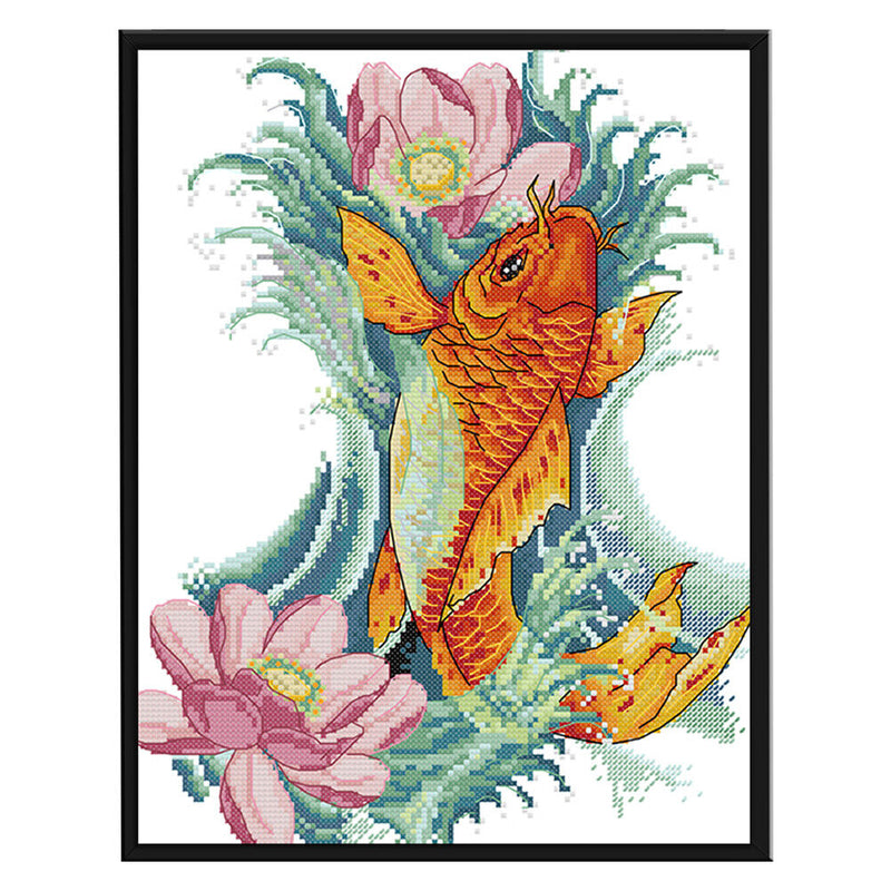 Part Embroidery Carp Flower Printed Cross Stitch Cotton 2-Beach 14CT Needlework
