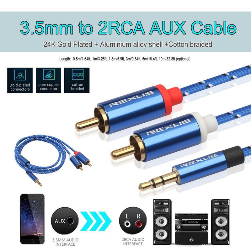 3pcs 3.5mm Male to 2 RCA Male Aux Audio Cable(10m)