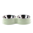 Dog Double Bowl Puppy Food Feeder Stainless Steel Pet Drinking Dish (Green)