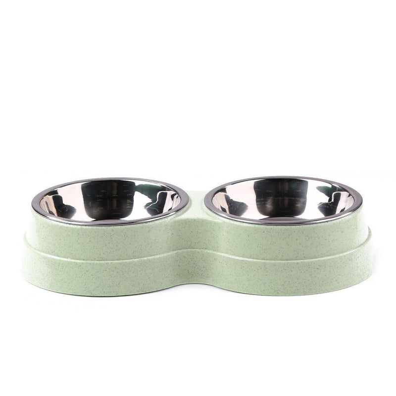 Dog Double Bowl Puppy Food Feeder Stainless Steel Pet Drinking Dish (Green)