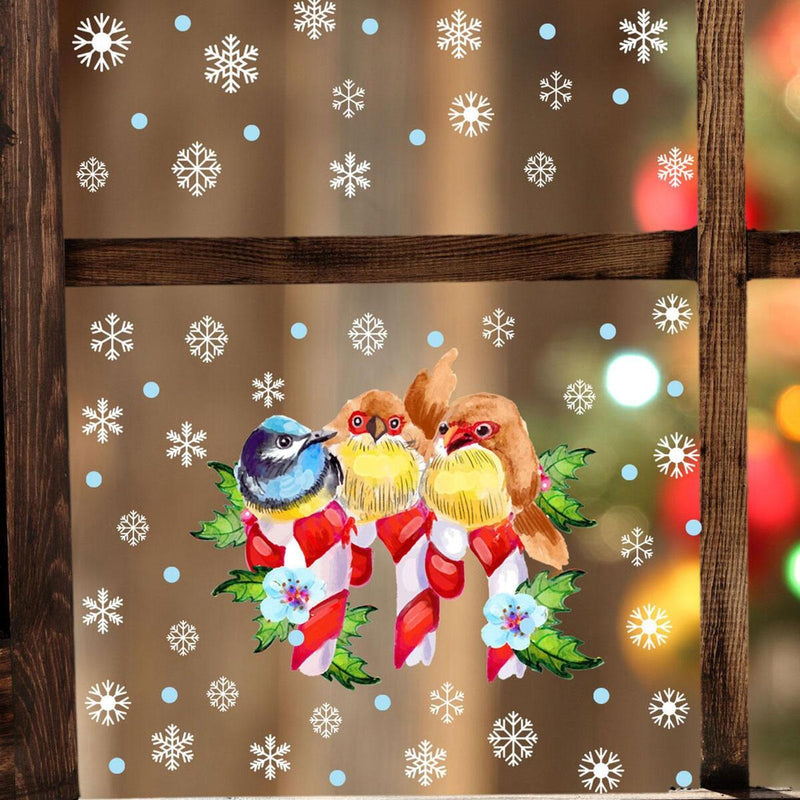 Christmas Cartoon Bird Snowflake Window Glass Stickers Home Mirror Stickers~
