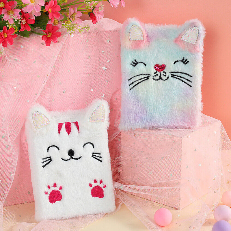 Cartoon Cat Plush Notebook Fluffy Daily Planner Journal Book (White) Newly