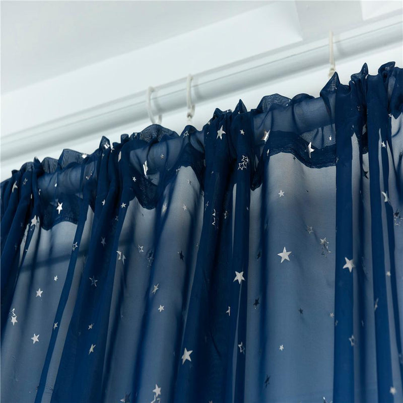 Star Print Tulle Curtains Window Drapes Sheer Purdah for Home(Dark Blue)