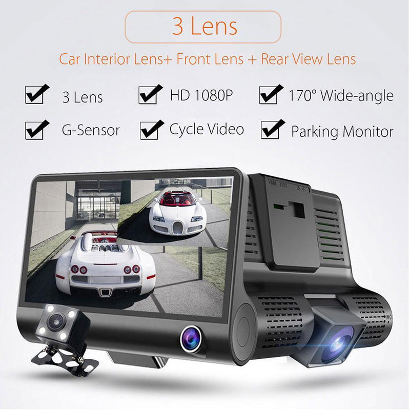 4 inches 1080P HD 170° 3 Lens Car DVR Dash G-sensor Recorder+Rearview Cam Newly
