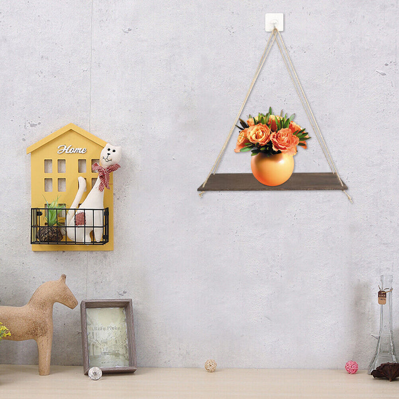 Wood Swing Hanging Rope Plant Pot Rack Indoor Outdoor Decor Shelves (B)