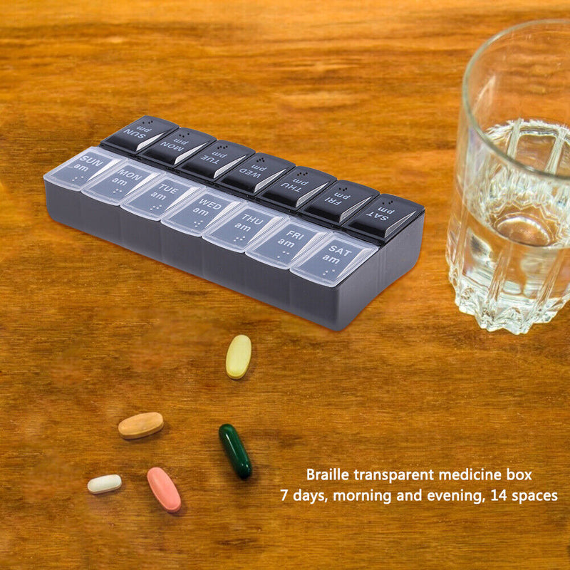Braille Medicine Organizer Large Capacity 14 Dividers Vitamin Holder Twice Daily