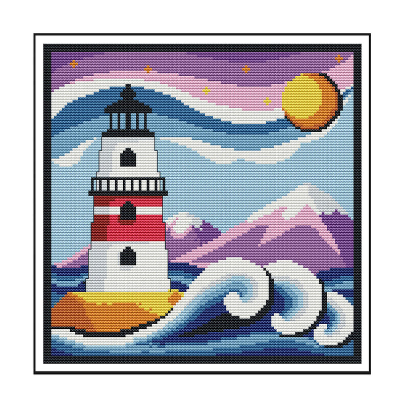 2 Beaches Full Embroidery Cartoon Lighthouse Printed Cross Stitch Art Home Decor
