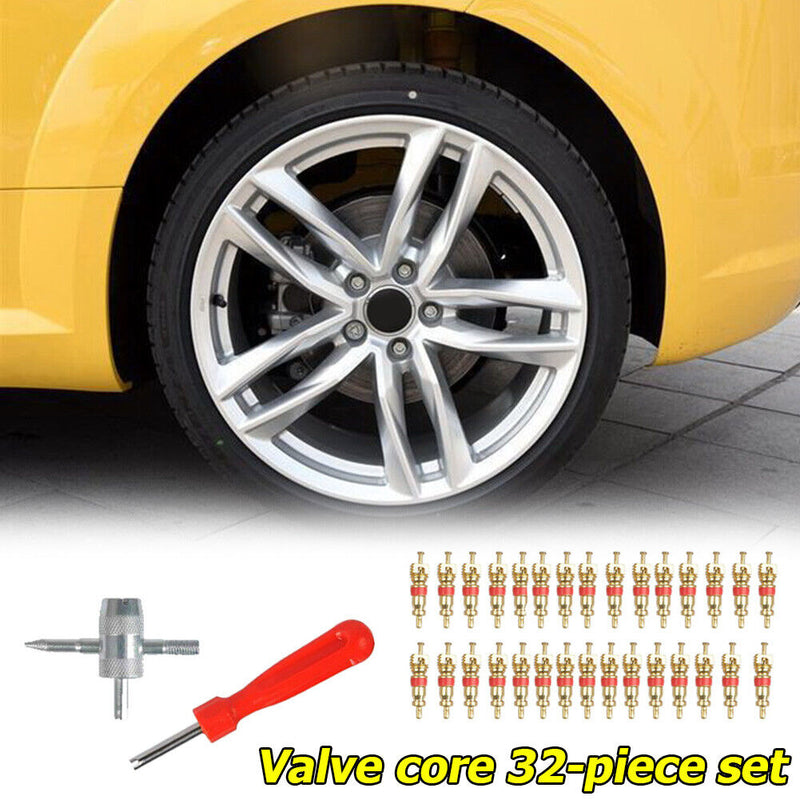 30pcs Brass Valve Cores with Car Bicycle Tire Valve Core Remover + 4 Way Tool