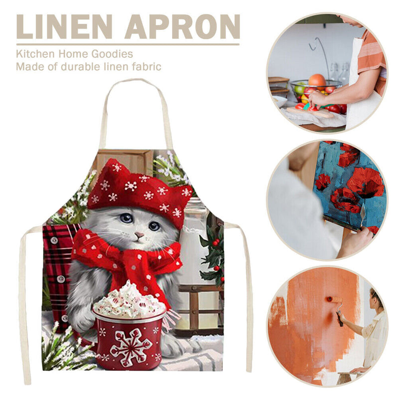 Portable Baking Painting Cooking Art Bib Apron Christmas Cat Printed Linen Ap