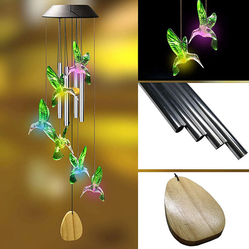 Colorful LED Solar Light Outdoor Wind Chime Hummingbird Pendant Lamps (A) Newly