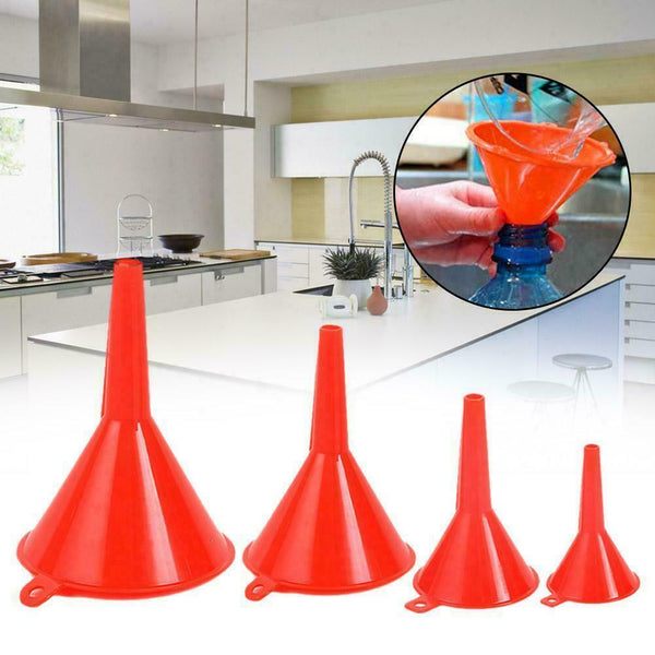4PCS Plastic Red Different Size Funnel Set Kitchen Oil Garden Clean Fuel to D6I9