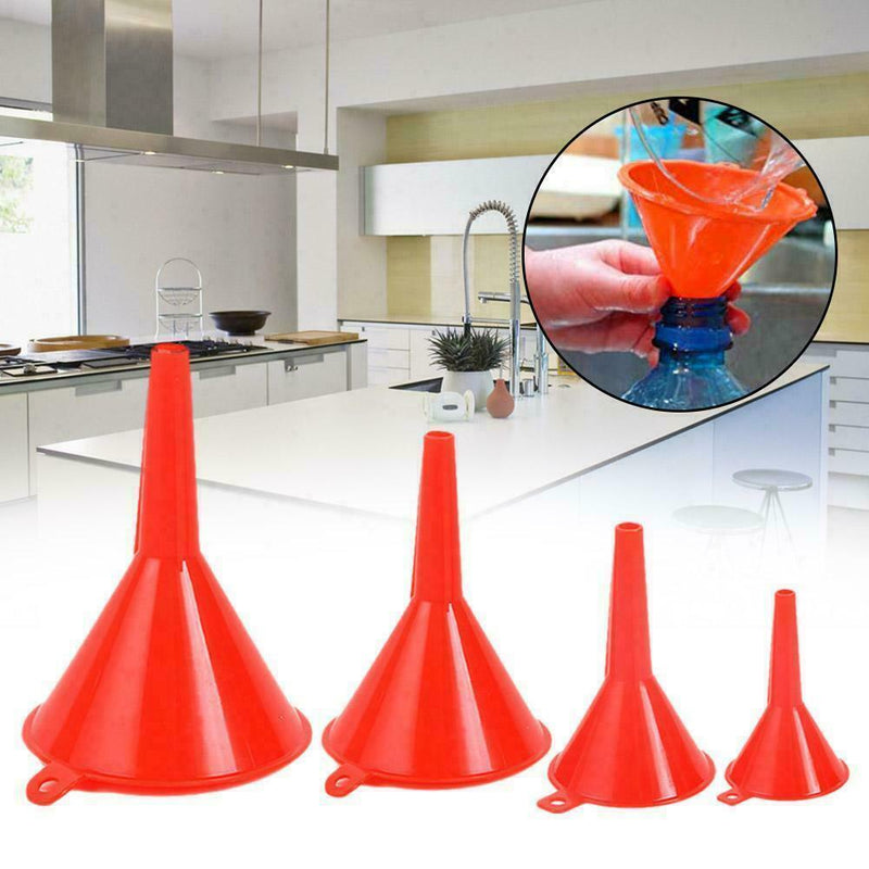 4PCS Plastic Red Different Size Funnel Set Kitchen Oil Garden Clean Fuel to D6I9