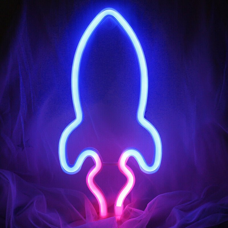 Desktop LED Neon Light Rocket Shape Flashing Night Lamp Home Bar Decor (D) Newly