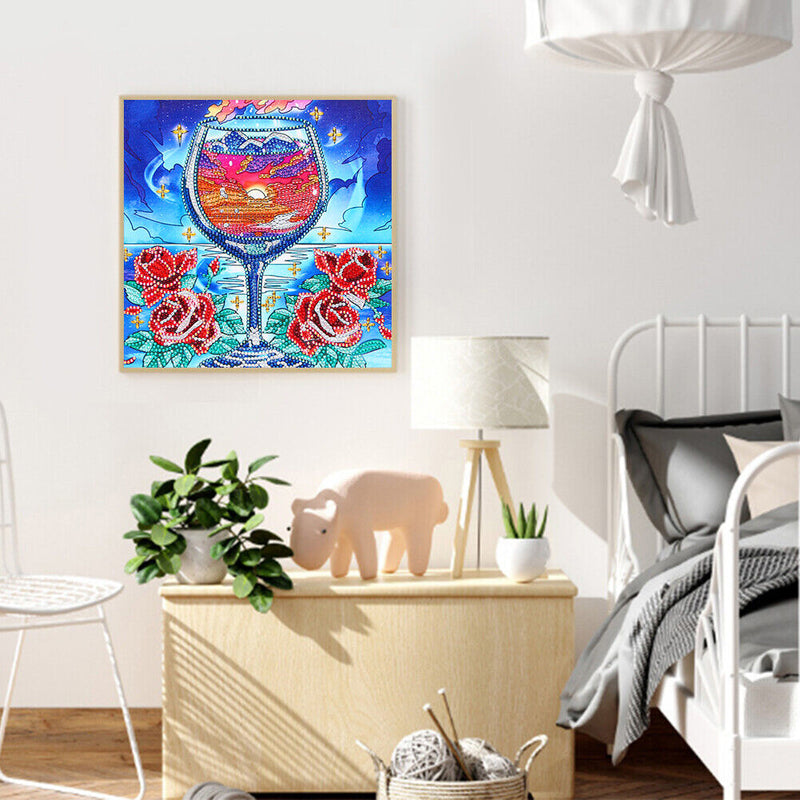 5D Wine Glass Sunset Diamond Painting Partial Special Shaped Wall Decor