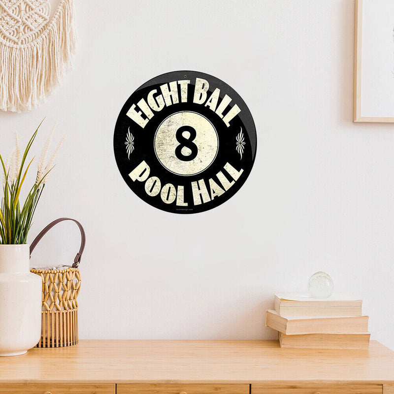 Round Plate Eight Ball Pool Hall Metal Tin Sign Plaque for Bar Pub Club