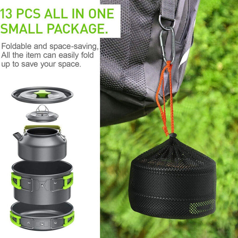 Portable Camping Cookware Set Outdoor Cooking Equipment Utensils (Green) Newly